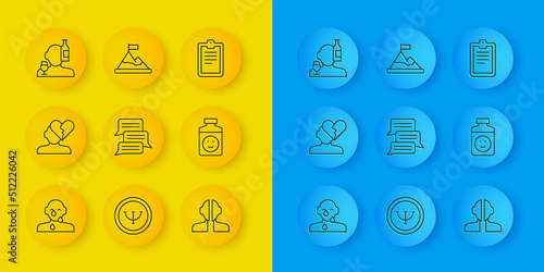 Set line Tear cry eye, Broken heart or divorce, Online psychological counseling, Bipolar disorder, Antidepressants, Alcoholism, Psychological test and Mountains with flag on top icon. Vector