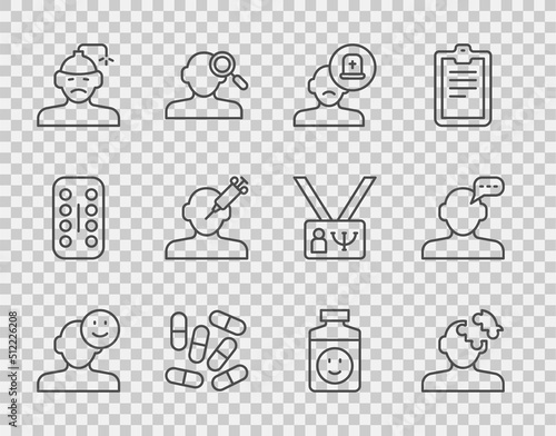 Set line Good mood, Solution problem in psychology, Male doctor, Medicine pill tablet, Concussion, headache, Addiction the drug, Antidepressants and Online psychological counseling icon. Vector