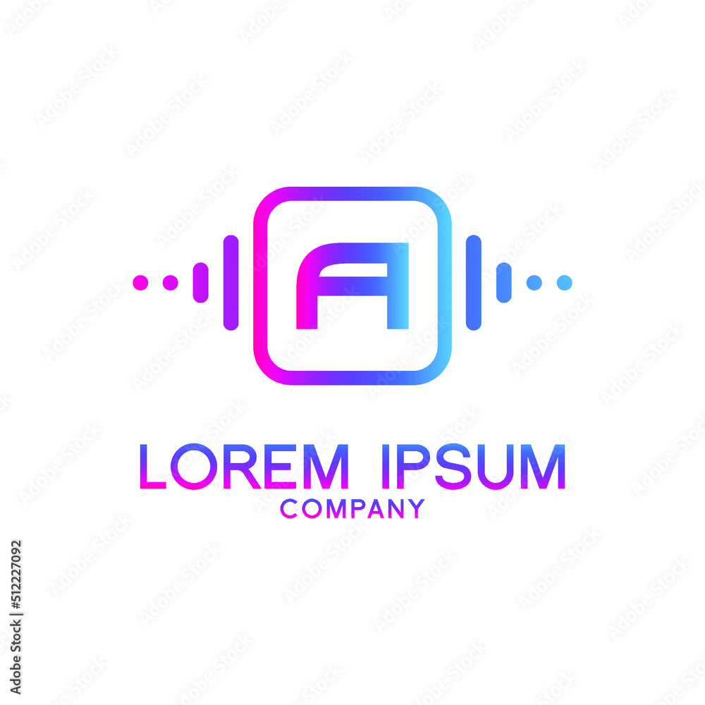 letter A with Pulse music player element. Logo template electronic music, equalizer, store, dj, nightclub, disco. Audio wave logo concept, Multimedia Technology themed, Abstract Shape vector letter A with Pulse music player element. Logo template electronic music, equalizer, store, dj, nightclub, disco. Audio wave logo concept, Multimedia Technology themed, Abstract Shape vector