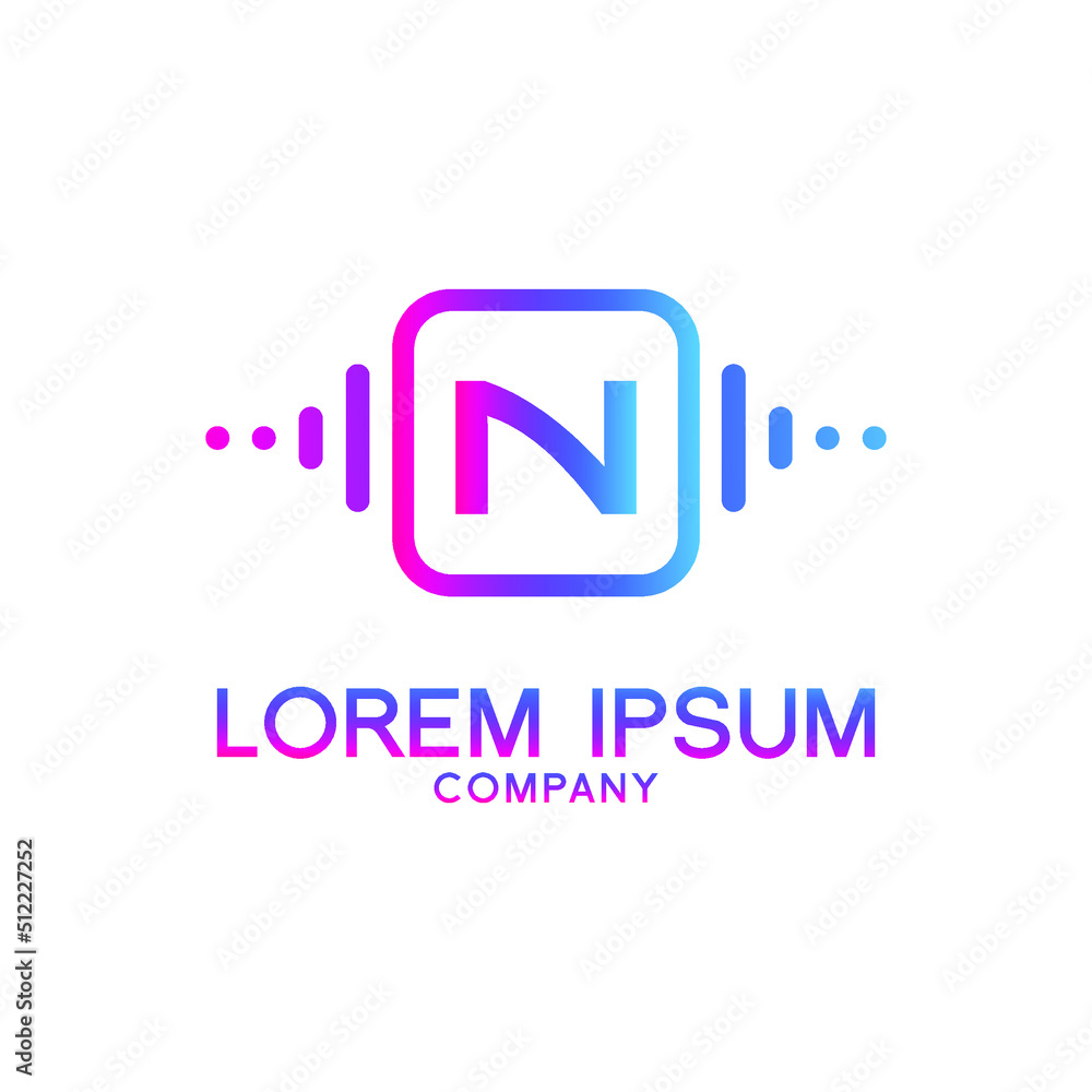 letter N with Pulse music player element. Logo template electronic music, equalizer, store, dj, nightclub, disco. Audio wave logo concept, Multimedia Technology themed, Abstract Shape vector letter N with Pulse music player element. Logo template electronic music, equalizer, store, dj, nightclub, disco. Audio wave logo concept, Multimedia Technology themed, Abstract Shape vector