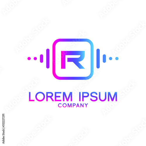letter R with Pulse music player element. Logo template electronic music, equalizer, store, dj, nightclub, disco. Audio wave logo concept, Multimedia Technology themed, Abstract Shape vector