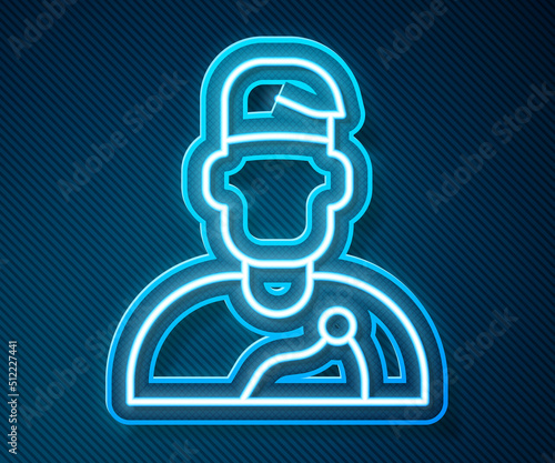 Glowing neon line Wizard warlock icon isolated on blue background. Vector