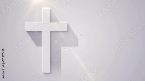 White Christian cross long shadow effect on white background. Church cross. Video motion graphic animation.