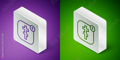 Isometric line Online church pastor preaching video streaming icon isolated on purple and green background. Online church of Jesus Christ. Silver square button. Vector