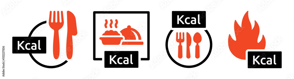 Kcal icon sign vector set. Burn kilocalorie of food and nutrition with fork and knife symbol illustration. Kcal icon sign vector set. Burn kilocalorie of food and nutrition with fork and knife symbol illustration.