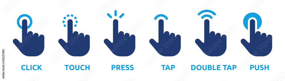 Finger click icon vector set. Touch, press tap, push, hold hand gesture sign symbol illustration. Finger click icon vector set. Touch, press tap, push, hold hand gesture sign symbol illustration.