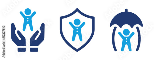 Child safety icon vector set. Kid in hand for assistance care, support and protection symbol illustration.