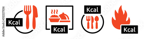Kcal icon sign vector set. Burn kilocalorie of food and nutrition with fork and knife symbol illustration.