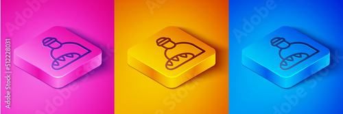 Isometric line Feeding the homeless icon isolated on pink and orange, blue background. Help and support. Giving food to the hungry concept. Square button. Vector