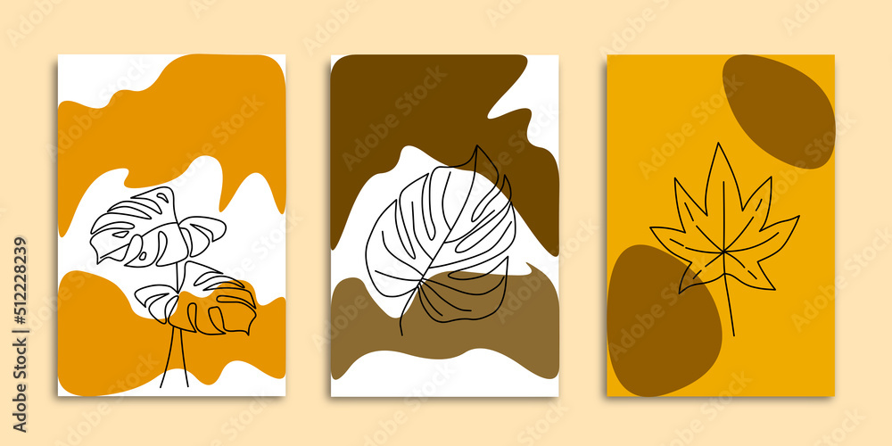 Abstract leaves art set of posters with plants and abstract shapes modern boho style leaves Abstract leaves art set of posters with plants and abstract shapes modern boho style leaves