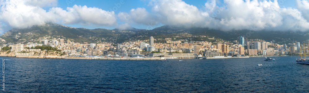 Panoramic view from the Mediterranean sea of the country of Monaco and the city of Monte Carlo along the French Riviera.