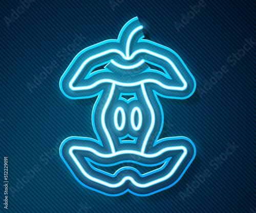 Glowing neon line Apple core icon isolated on blue background. Bitten apple symbol. Apple stub silhouette. Biodegradable garbage sign. Vector