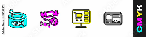 Set Canned fish, Candy, Shopping cart on computer and Identification badge icon. Vector