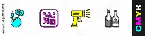 Set Supermarket food products with price label, QR code, Scanner scanning bar and Whiskey bottle icon. Vector