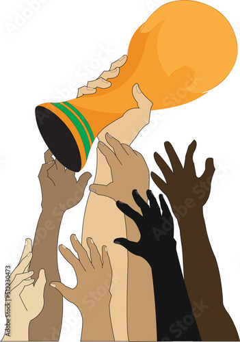 illustration graphic of  lift the trophy, victory and diversity of football. perfect for sticker, tshirt design, banner, poster, diversity campaign, and etc