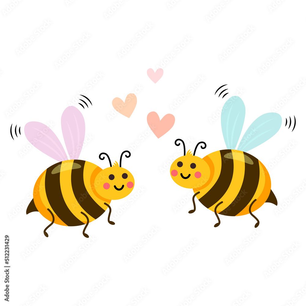 two cute bees with hearts for valentine's day on a white background.
