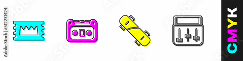 Set Concert ticket, Retro audio cassette tape, Skateboard and Drum machine music icon. Vector