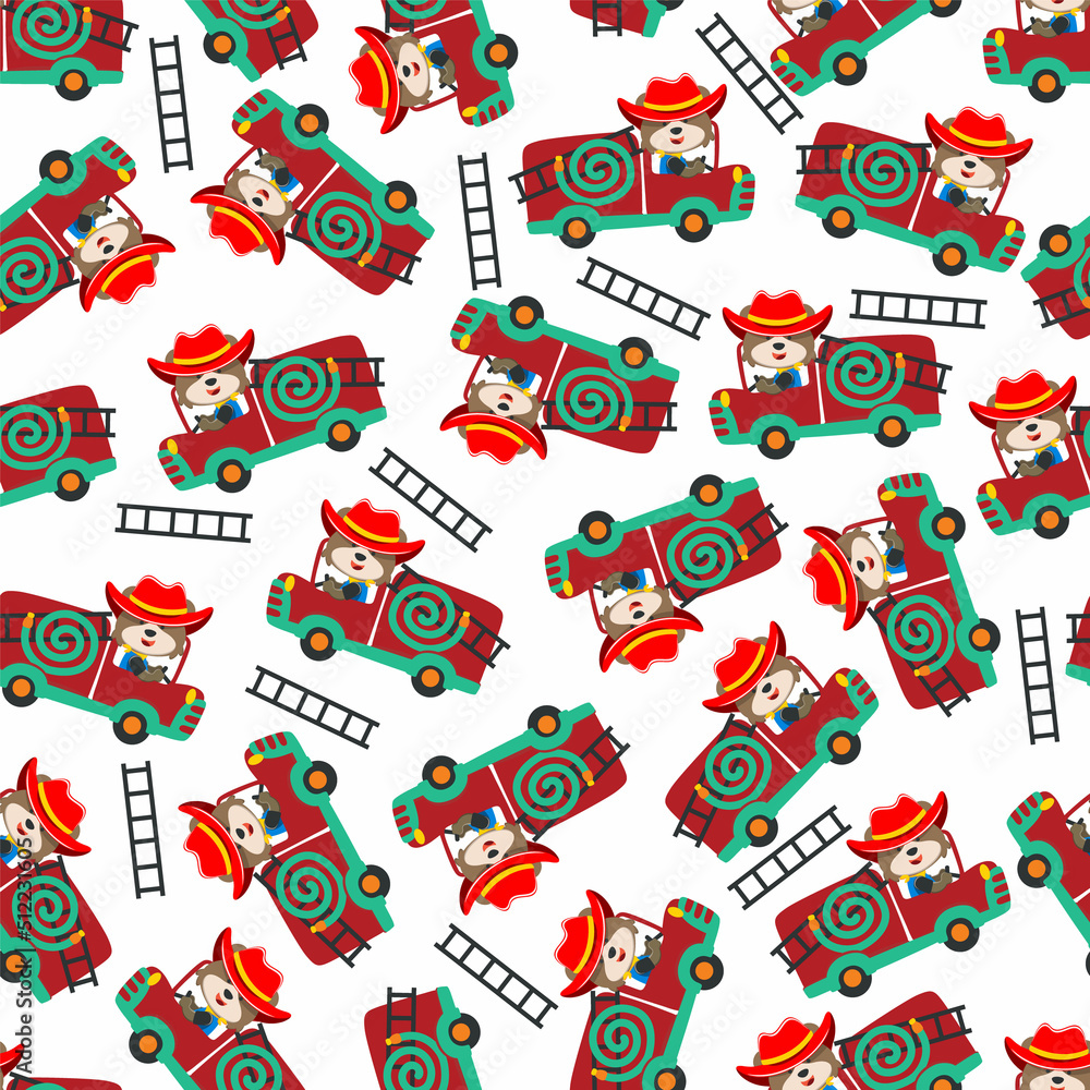 Vector of seamless pattern fire fighter car with animal fire fighter cartoon, Creative vector childish background for fabric, textile, nursery wallpaper, card, poster and other decoration. Vector of seamless pattern fire fighter car with animal fire fighter cartoon, Creative vector childish background for fabric, textile, nursery wallpaper, card, poster and other decoration.