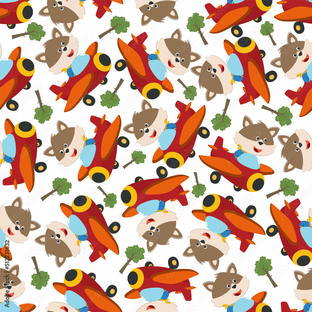 Seamless pattern of Cute little fox flying on a airplane. funny animal cartoon. Creative vector childish background for fabric textile, nursery wallpaper, poster, brochure. and other decoration.