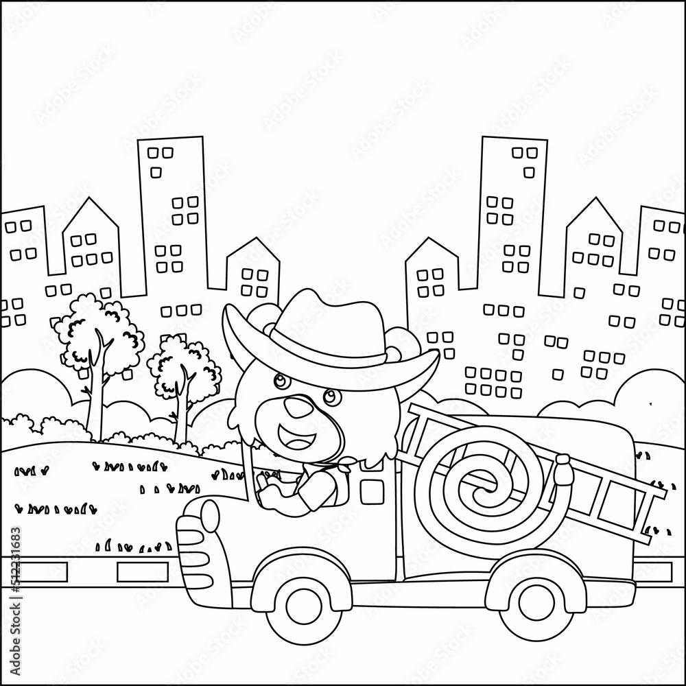 Fototapeta premium Fire rescue team with funny firefighter, vector cartoon, Cartoon isolated vector illustration, Creative vector Childish design for kids activity colouring book or page.