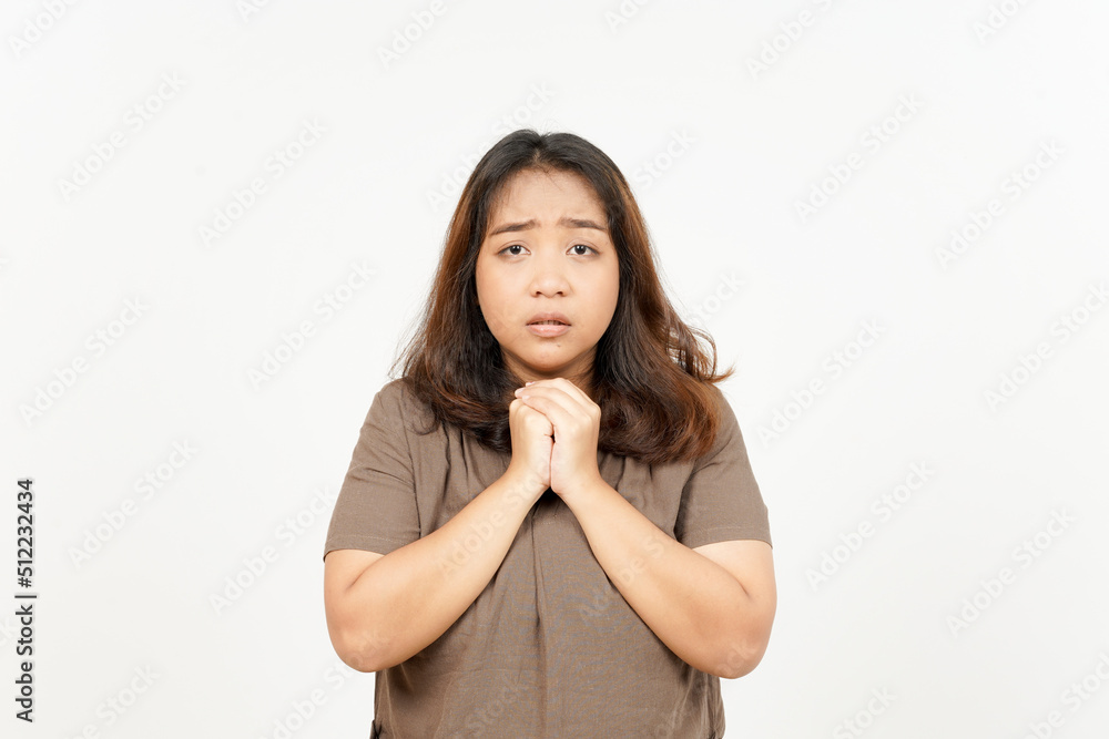 Want to say sorry and begging of Beautiful Asian Woman Isolated On White Background