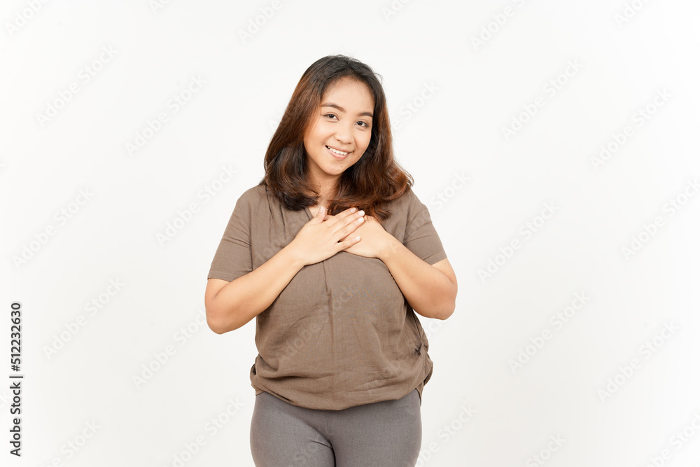Hand on Chest Self Love Gesture of Beautiful Asian Woman Isolated On White Background Hand on Chest Self Love Gesture of Beautiful Asian Woman Isolated On White Background