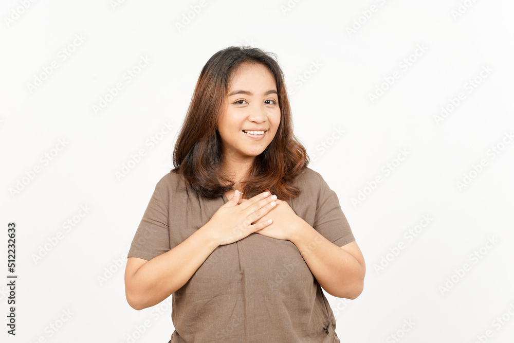 Hand on Chest Self Love Gesture of Beautiful Asian Woman Isolated On White Background Hand on Chest Self Love Gesture of Beautiful Asian Woman Isolated On White Background