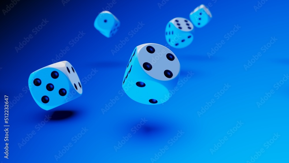 Rolling white-black dices under
blue lighting background. Conceptual 3D illustration of establishment statistics, business opportunities, life crossroads and horse race gambling. Rolling white-black dices under
blue lighting background. Conceptual 3D illustration of establishment statistics, business opportunities, life crossroads and horse race gambling.