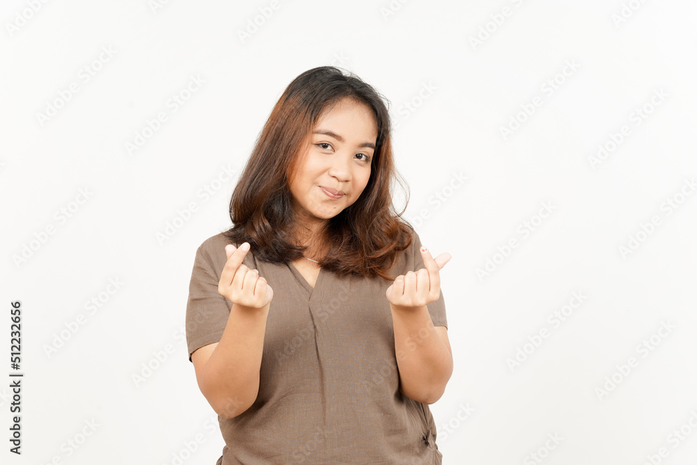 Showing Korean Love Finger of Beautiful Asian Woman Isolated On White Background Showing Korean Love Finger of Beautiful Asian Woman Isolated On White Background