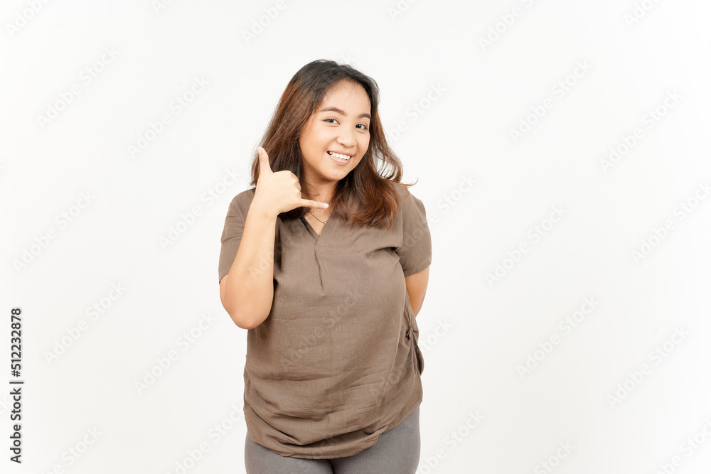 Call me back gesture of Beautiful Asian Woman Isolated On White Background Call me back gesture of Beautiful Asian Woman Isolated On White Background