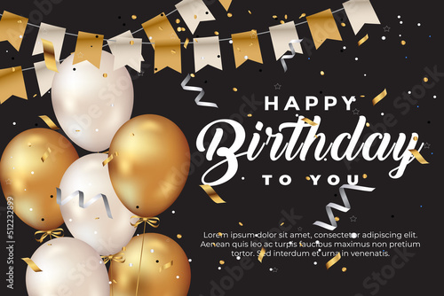 happy birthday greeting template with balloon, birthday flag and  glitter