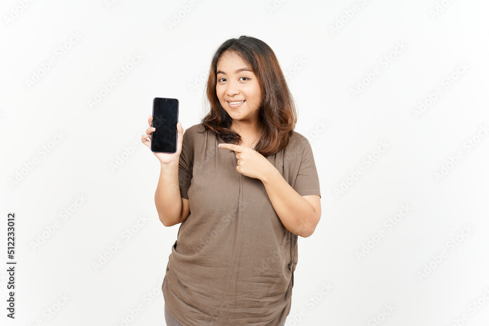 Showing Apps or Ads On Blank Screen Smartphone of Beautiful Asian Woman Isolated On White Background Showing Apps or Ads On Blank Screen Smartphone of Beautiful Asian Woman Isolated On White Background