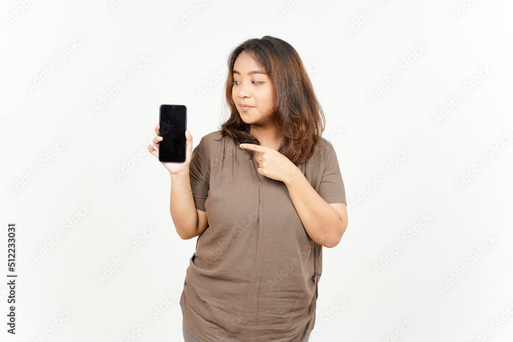 Showing Apps or Ads On Blank Screen Smartphone of Beautiful Asian Woman Isolated On White Background Showing Apps or Ads On Blank Screen Smartphone of Beautiful Asian Woman Isolated On White Background