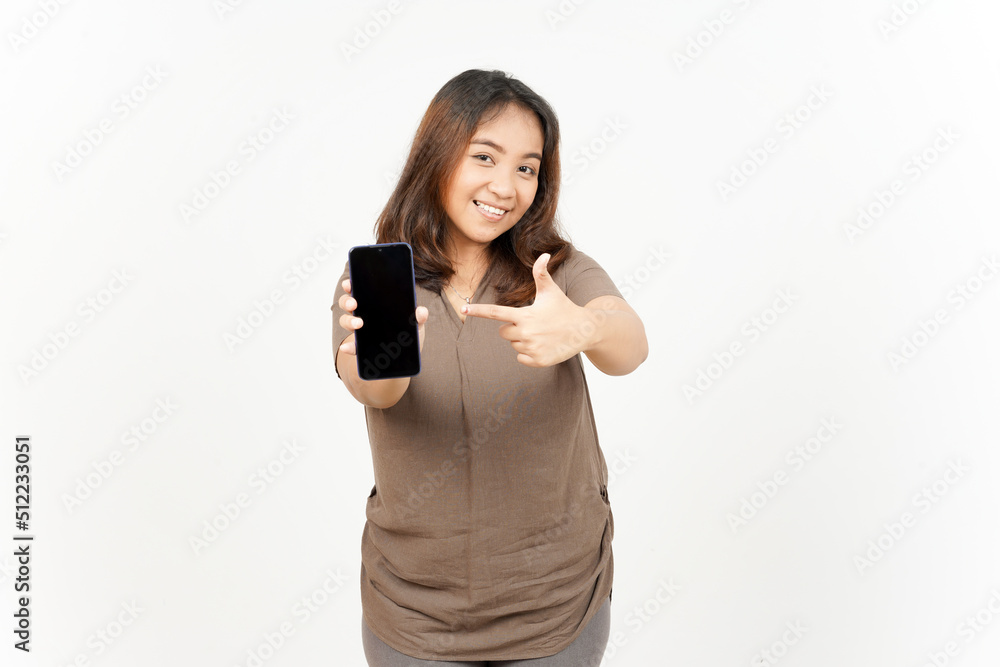 Showing Apps or Ads On Blank Screen Smartphone of Beautiful Asian Woman Isolated On White Background Showing Apps or Ads On Blank Screen Smartphone of Beautiful Asian Woman Isolated On White Background