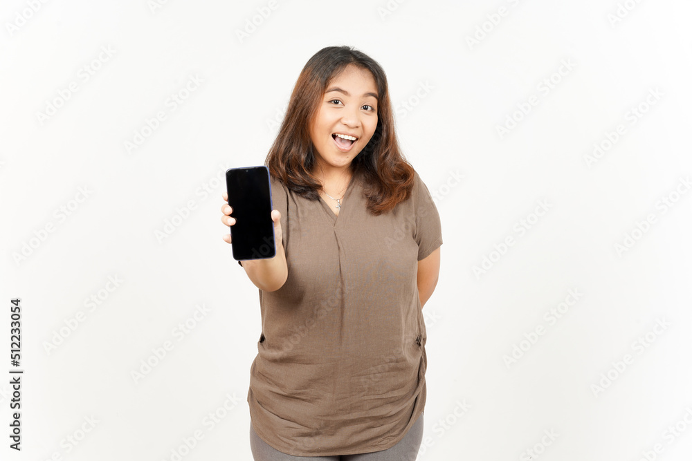 Showing Apps or Ads On Blank Screen Smartphone of Beautiful Asian Woman Isolated On White Background Showing Apps or Ads On Blank Screen Smartphone of Beautiful Asian Woman Isolated On White Background