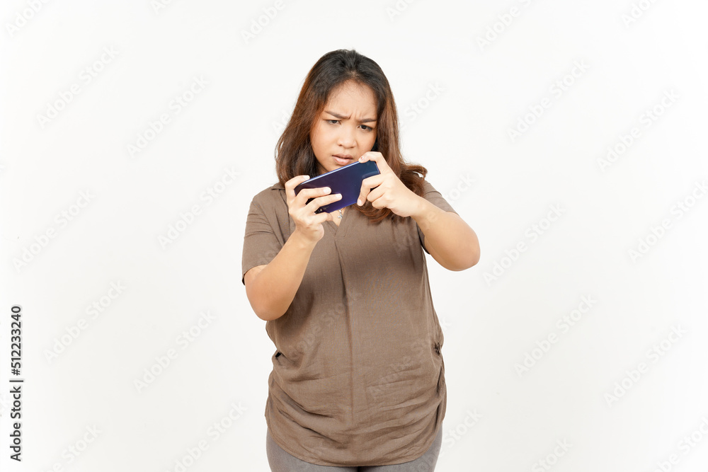 Playing Mobile Game on Smartphone of Beautiful Asian Woman Isolated On White Background Playing Mobile Game on Smartphone of Beautiful Asian Woman Isolated On White Background