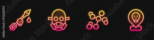Set line Chemical formula, Poison on the arrow, Gas mask and Radioactive in location. Glowing neon icon. Vector