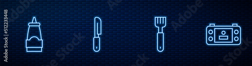 Set line Fork, Sauce bottle, Knife and Portable video game console. Glowing neon icon on brick wall. Vector