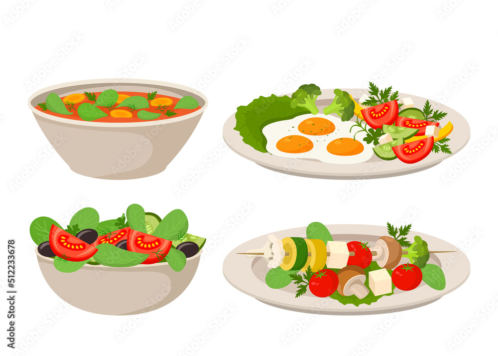 Set of vegan dishes. Vegetable salad, tomato soup, grilled vegetables with greens, scrambled eggs with broccoli. Set of vegan dishes. Vegetable salad, tomato soup, grilled vegetables with greens, scrambled eggs with broccoli.