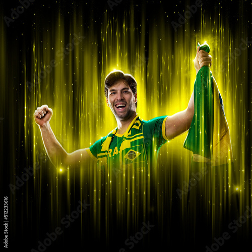 Brazilian fan, celebrating on a yellow and black backgroun, cheering for Brazil to be the champion.