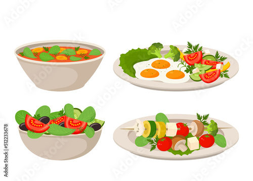Set of vegan dishes. Vegetable salad, tomato soup, grilled vegetables with greens, scrambled eggs with broccoli.