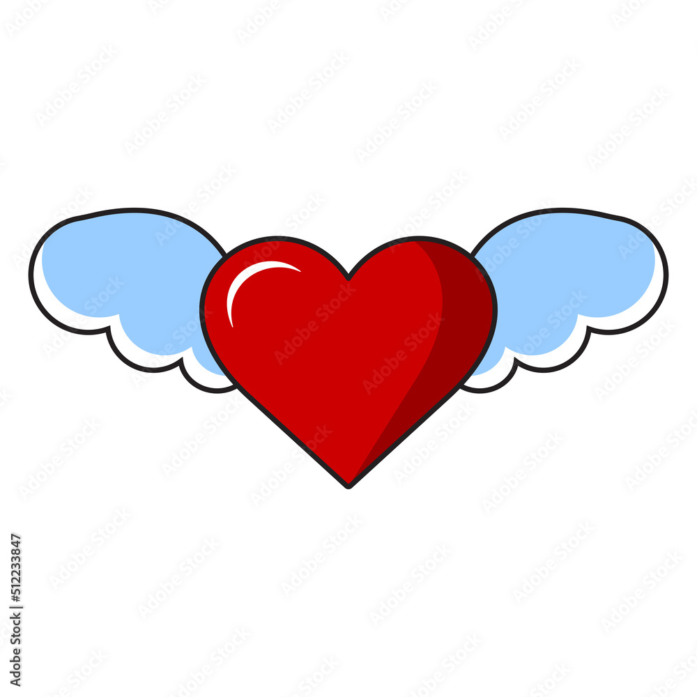 Red heart with wings. Vector illustration in cartoon style.