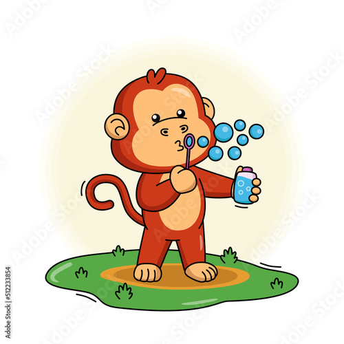 Cartoon illustration of cute monkey blowing soap bubbles