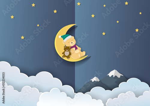 Paper cut and craft style with cute bear sleeping on the moon
