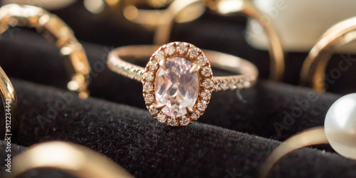 Photography Gold jewelry diamond rings show in luxury retail store display showcase