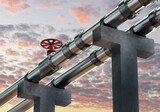Concrete supports with pipes. Two steel pipes on background of sky. Pipes for transportation of oil products. Oil pipeline under clouds. Pipeline for import of fuel. Petroleum pipeline. 3d rendering.