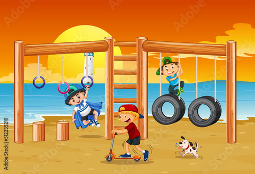 Beach playground with happy children