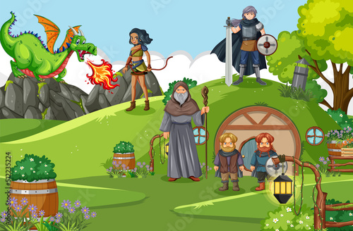 Enchanted scene with medieval cartoon characters
