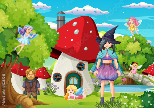 Enchanted scene with medieval cartoon characters