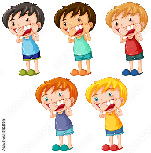Set of cute kids cartoon character flossing teeth